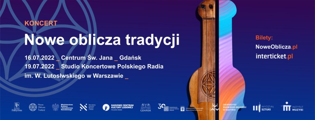 grafika promująca koncert pt. "Nowe oblicza tradcyji". Granatowe tło, fragment dawnego instrumentu